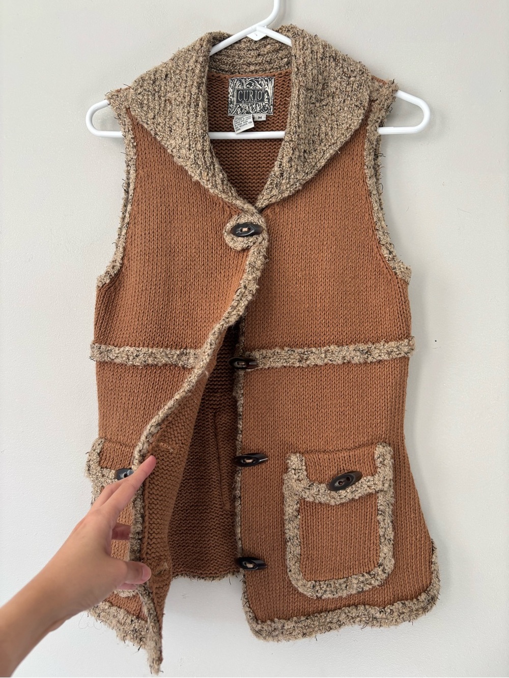 Y2K Knitted Boho Caramel Tan Crochet Western Cottagecore Vest Fuzzy Trim - Small